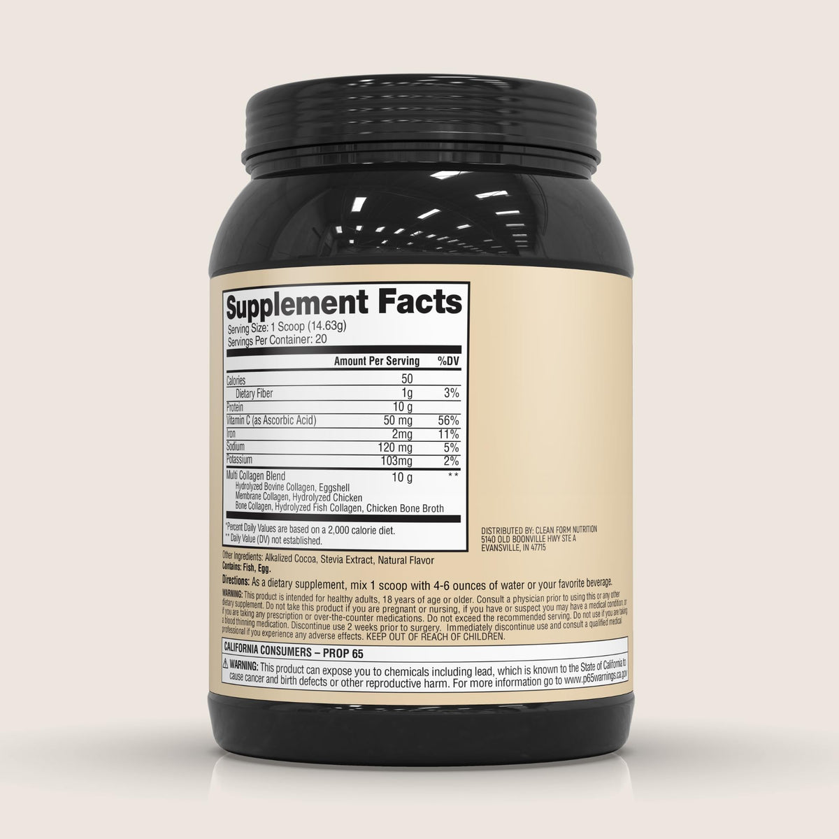 Détail de la poudre de collagène chocolat CleanForm Nutrition dans un bol