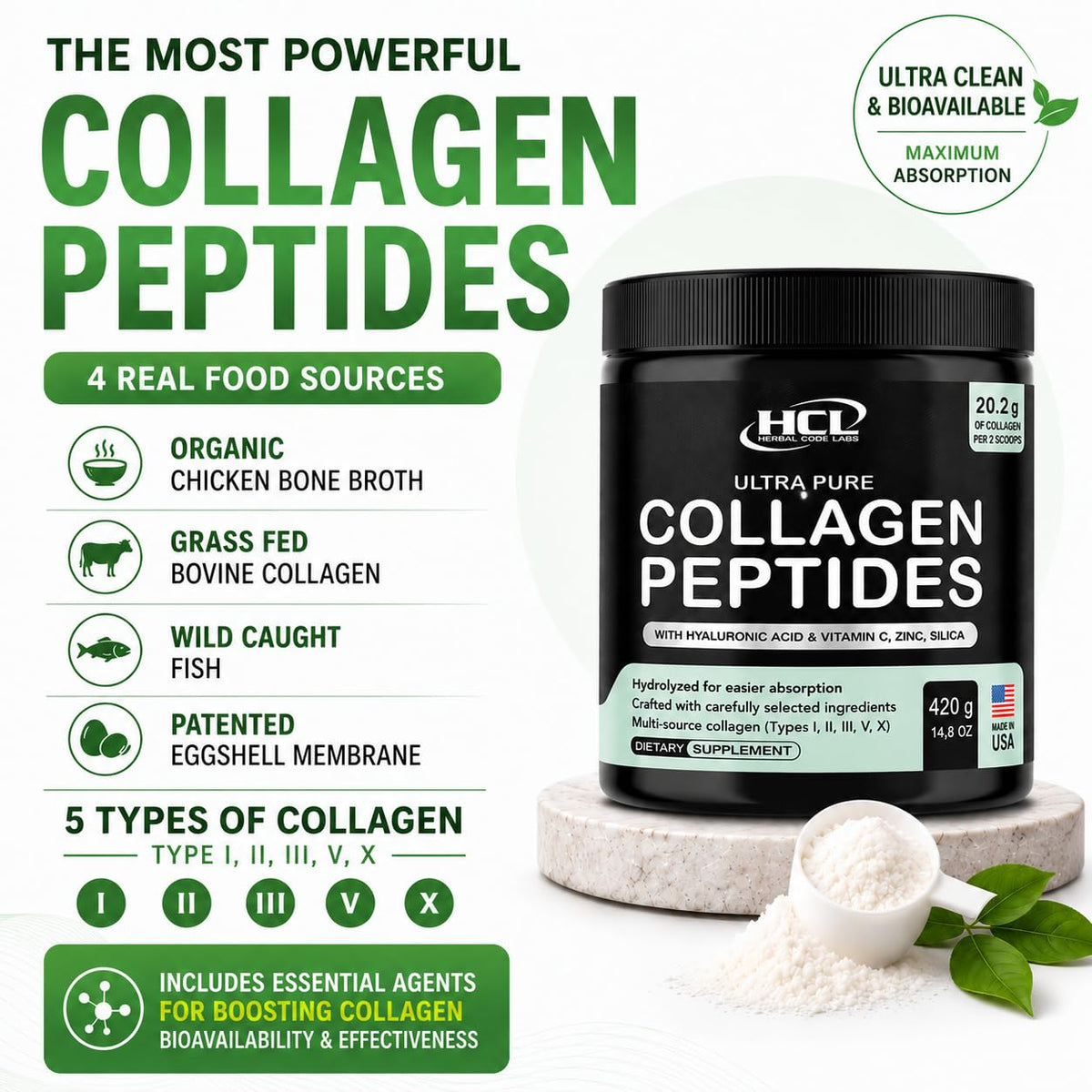 Détail de la poudre de collagène HCL HERBAL CODE LABS dans un bol