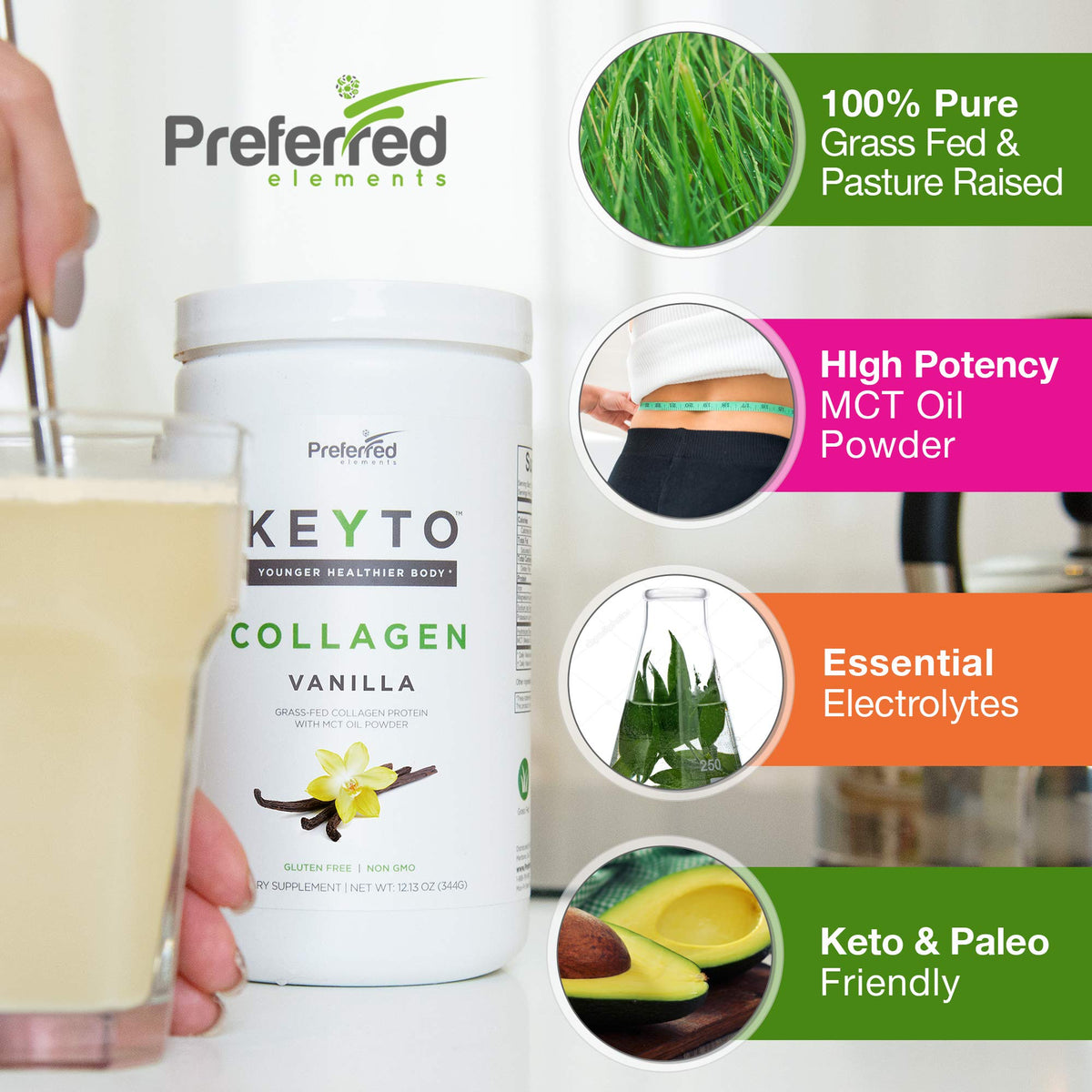 Détail de la poudre de collagène keto Preferred Elements