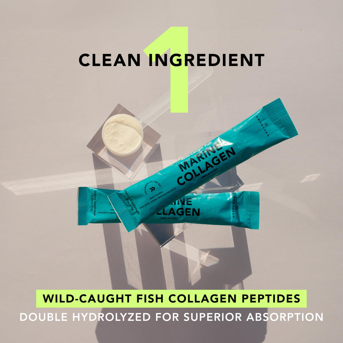 Détail de la poudre de collagène marin AMANDEAN dans un sachet