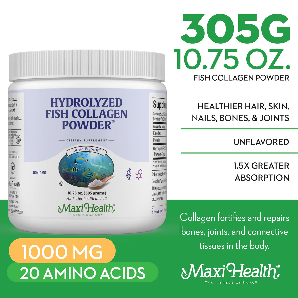 Détail de la poudre de collagène marin Maxi Health dans un bol