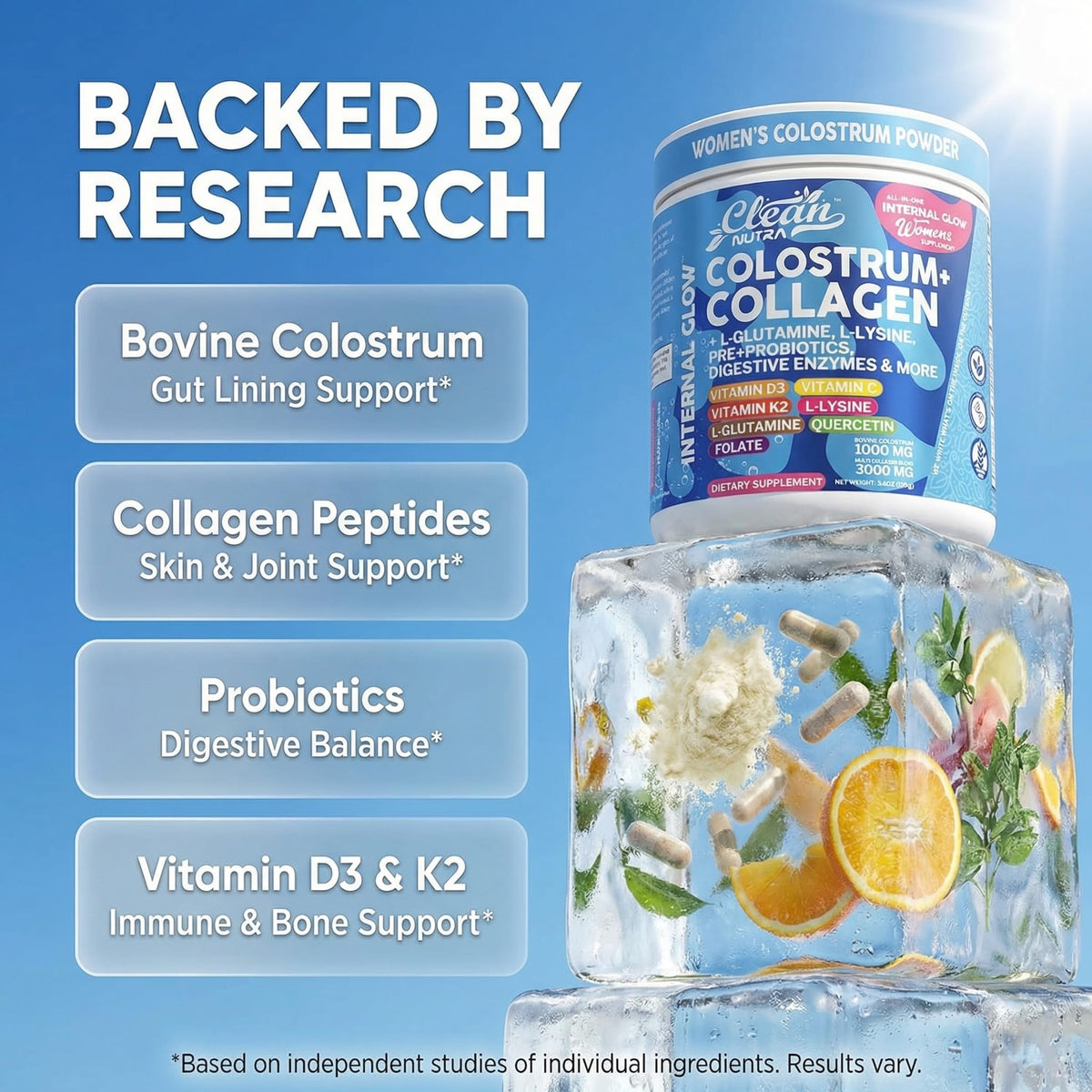 Détail de la poudre de colostrum et collagène Clean Nutraceuticals dans un bol