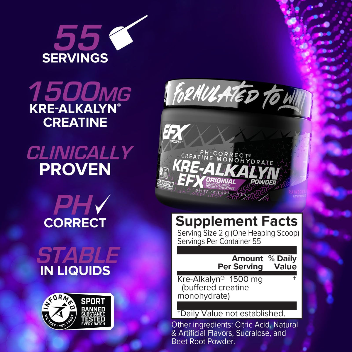 Détail de la poudre de créatine Kre-Alkalyn EFX dans un verre