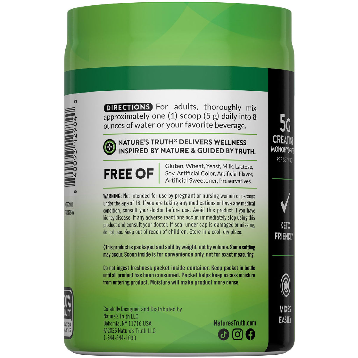 Détail de la poudre de créatine Nature's Truth 399g
