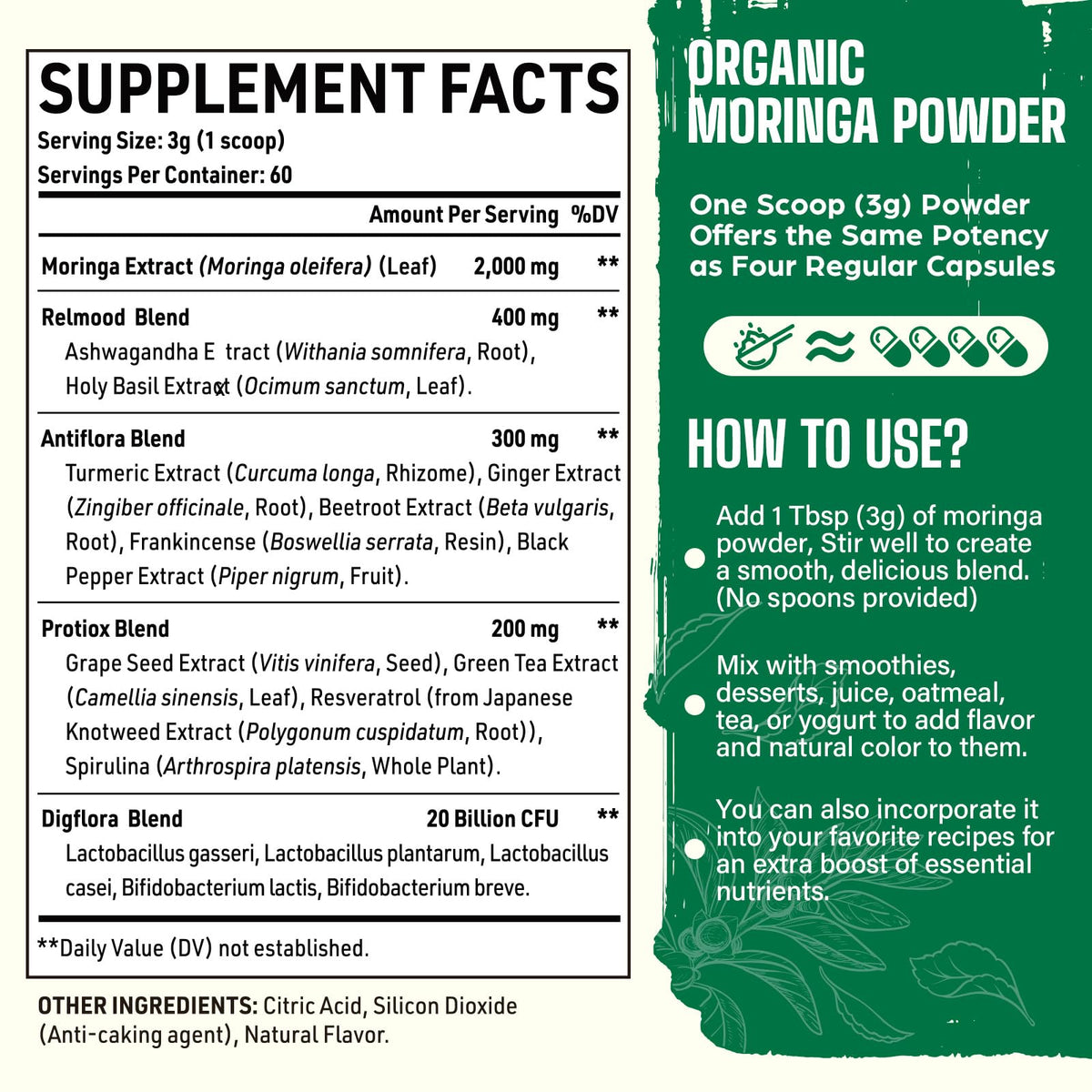 Détail de la poudre de moringa bio Easinloty sur une cuillère