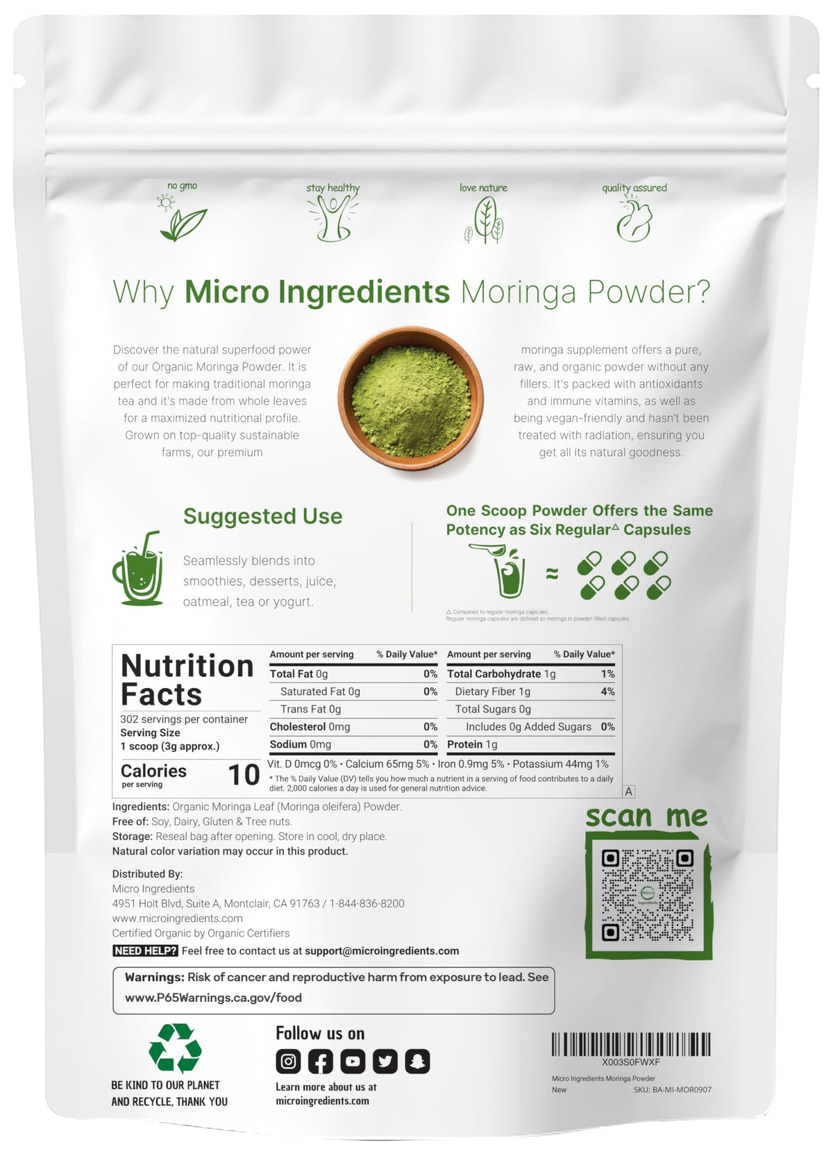 Détail de la poudre de Moringa Bio Micro Ingredients dans un bol
