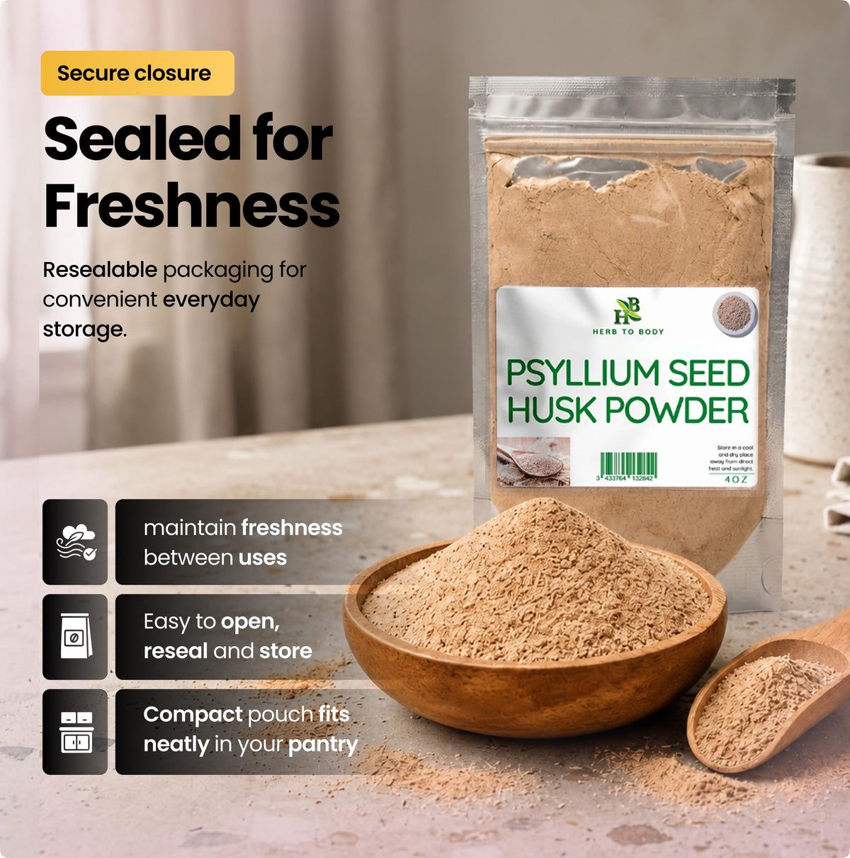 Détail de la poudre de psyllium Herb To Body dans un bol