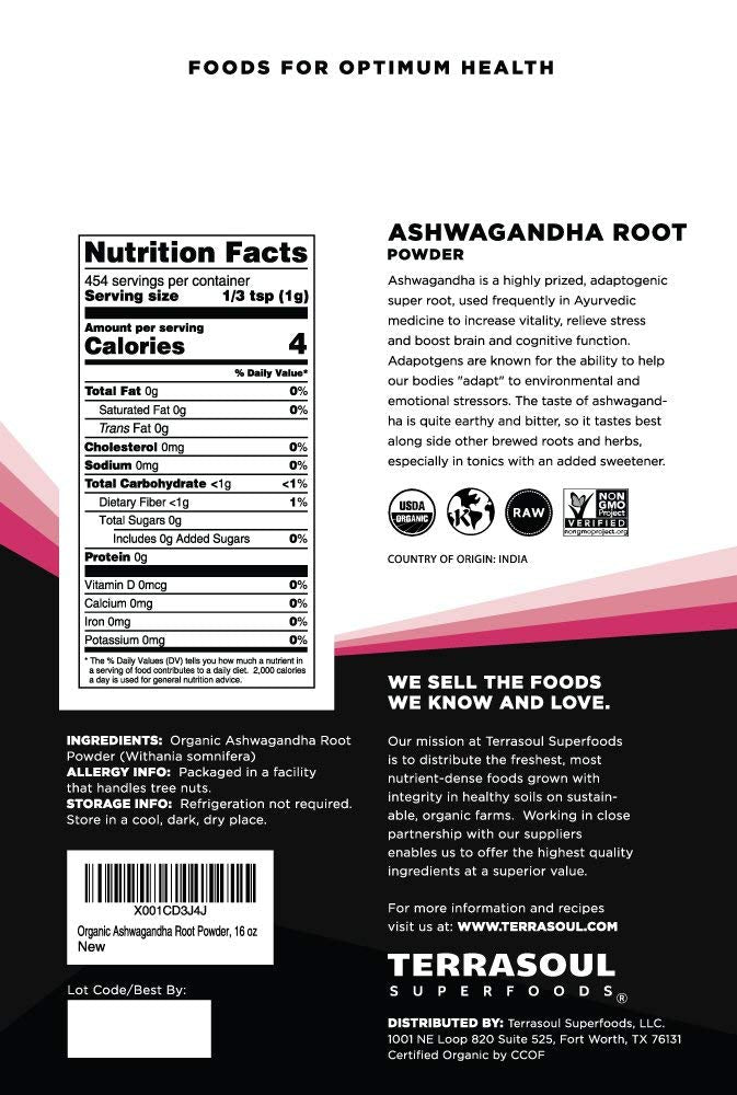 Détail de la poudre de racine d'ashwagandha Terrasoul Superfoods