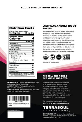 Détail de la poudre de racine d'ashwagandha Terrasoul Superfoods