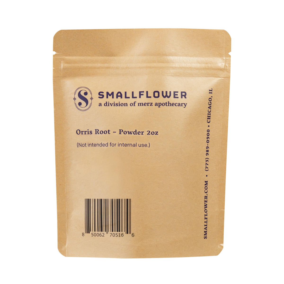 Détail de la poudre de racine d'orris Smallflower dans un sachet en kraft