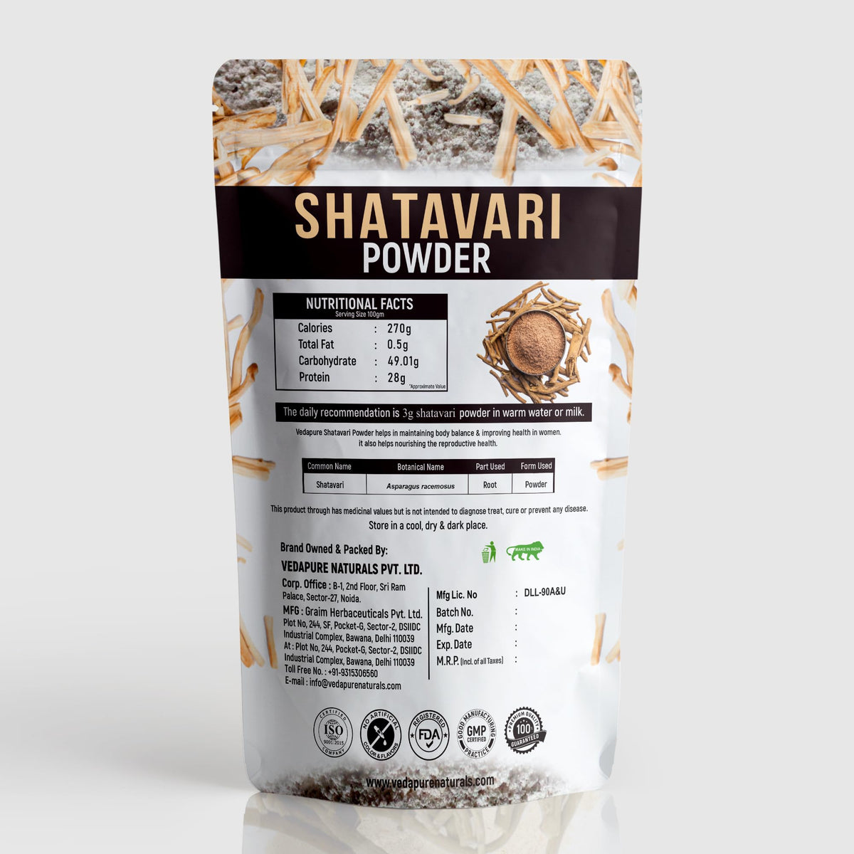 Détail de la poudre de Shatavari VEDAPURE dans un bol