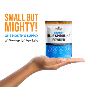 Détail de la poudre de spiruline bleue dans un bol