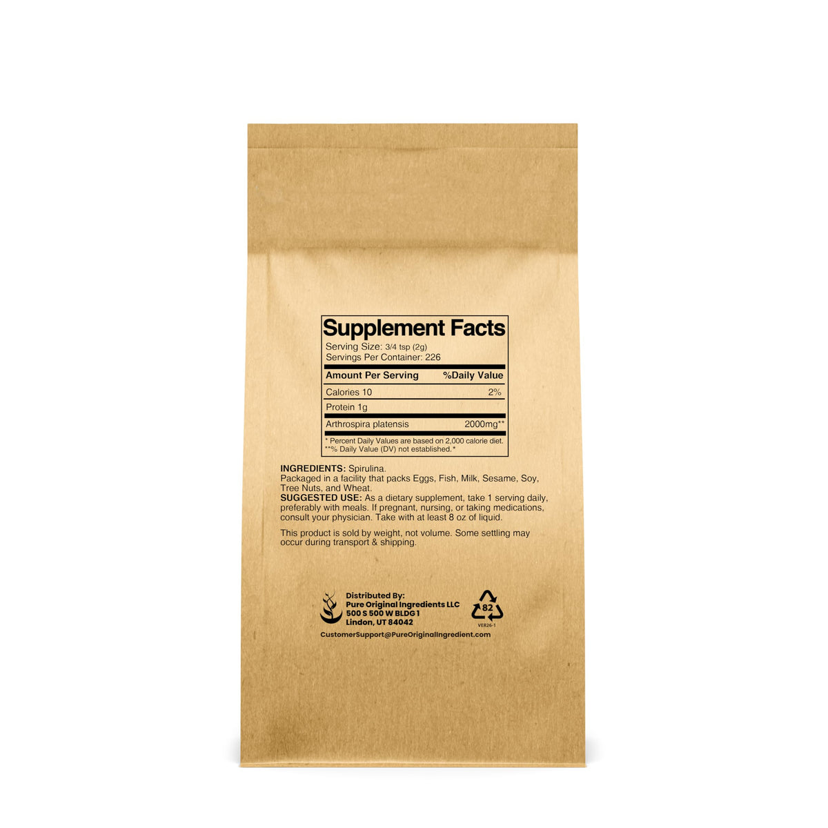 Détail de la poudre de spiruline PURE ORIGINAL INGREDIENTS dans un bol
