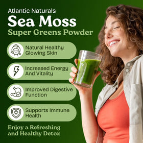 Détail de la poudre de super greens Atlantic Naturals avec fruits et légumes
