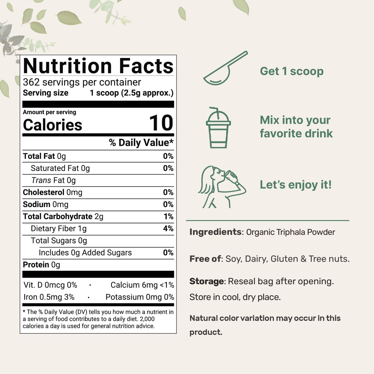 Détail de la poudre de Triphala Bio Micro Ingredients sur une cuillère