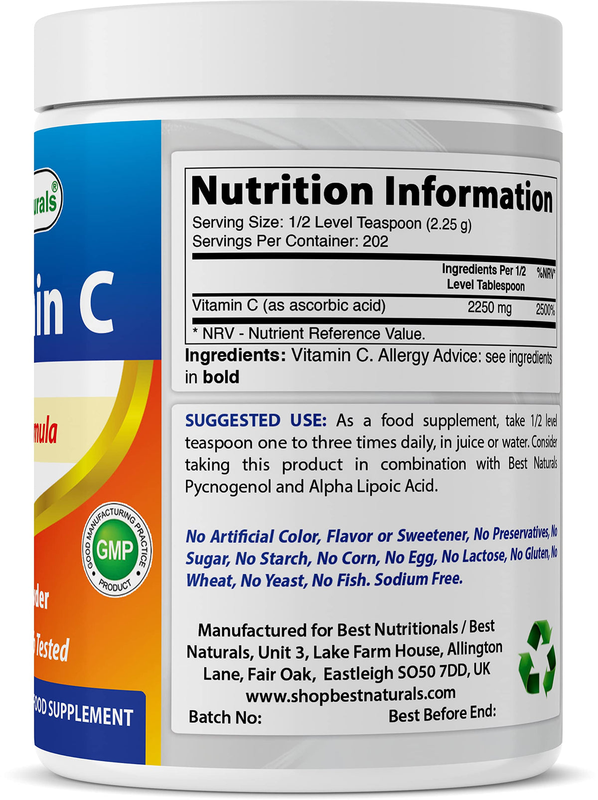 Détail de la poudre de vitamine C Best Naturals avec cuillère