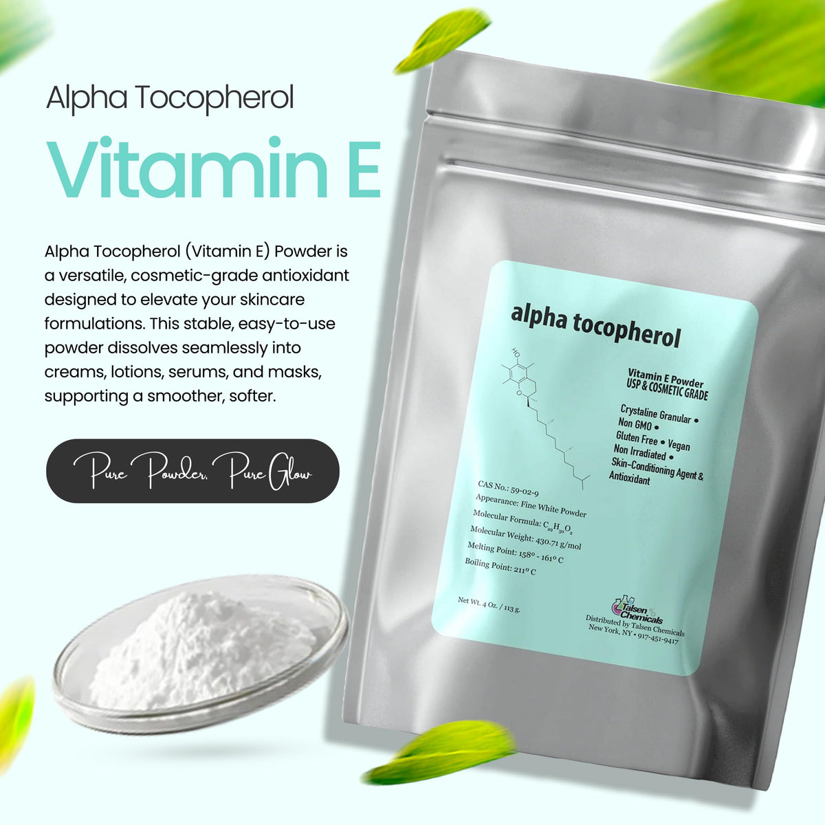Détail de la poudre de vitamine E Talsen sur une cuillère