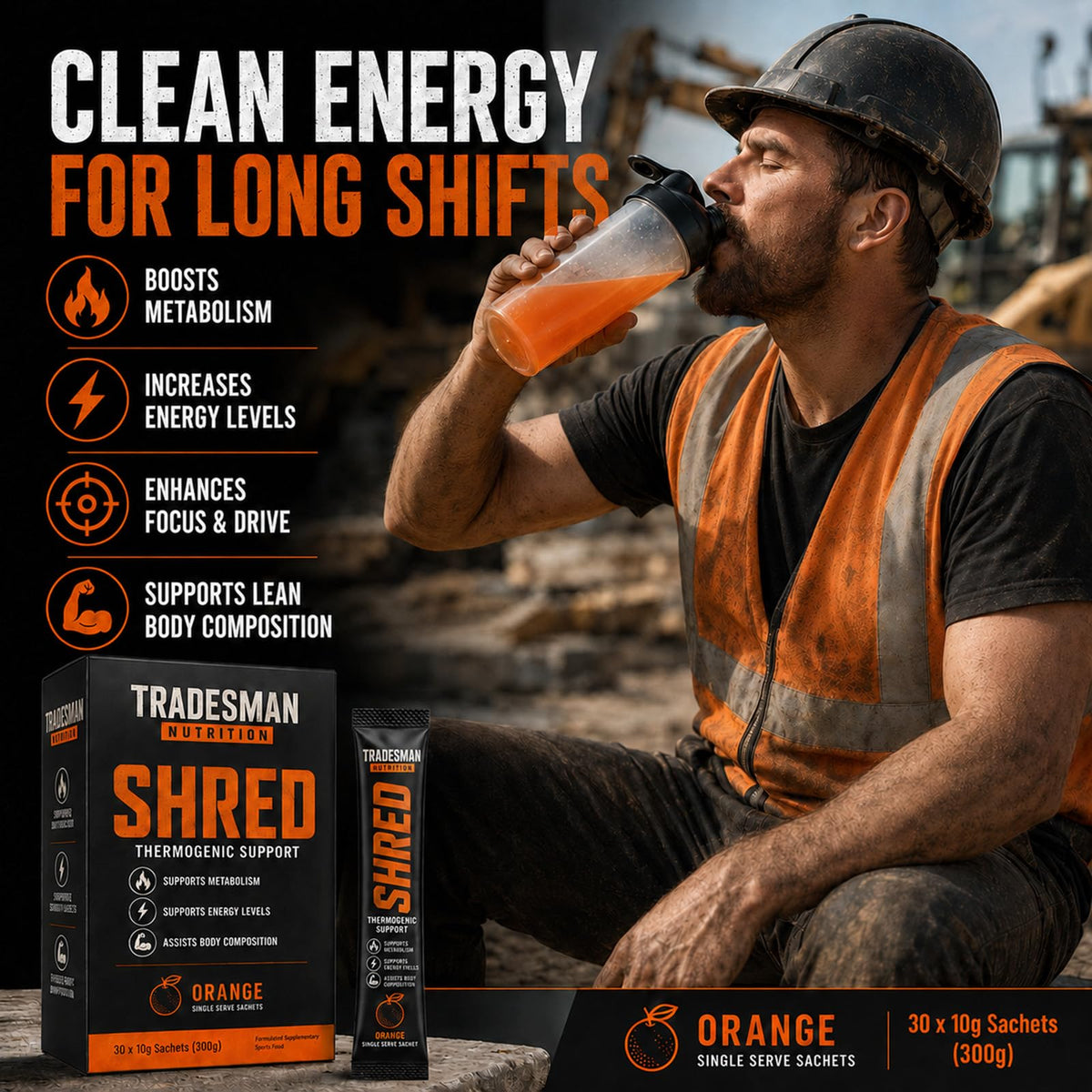 Détail de la poudre énergétique orange Tradesman Nutrition Shred