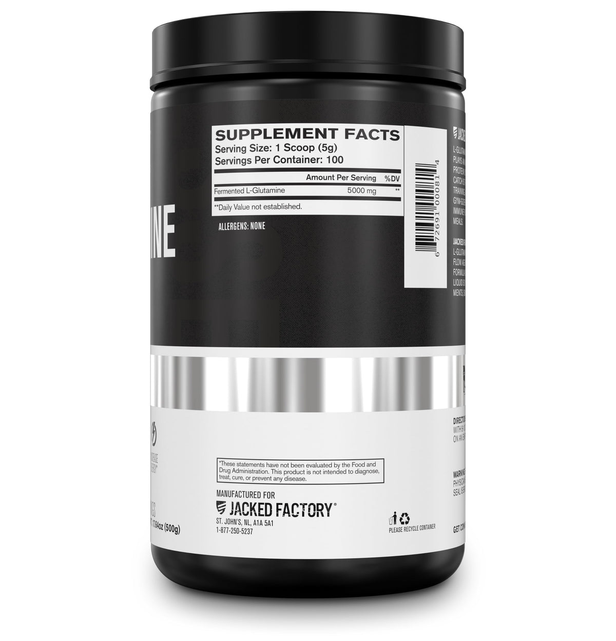 Détail de la poudre L-Glutamine Jacked Factory dans un verre
