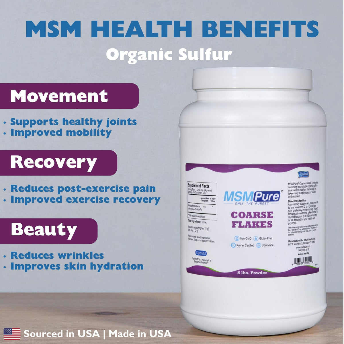 Détail de la poudre MSM MSMPure KALA HEALTH dans un verre