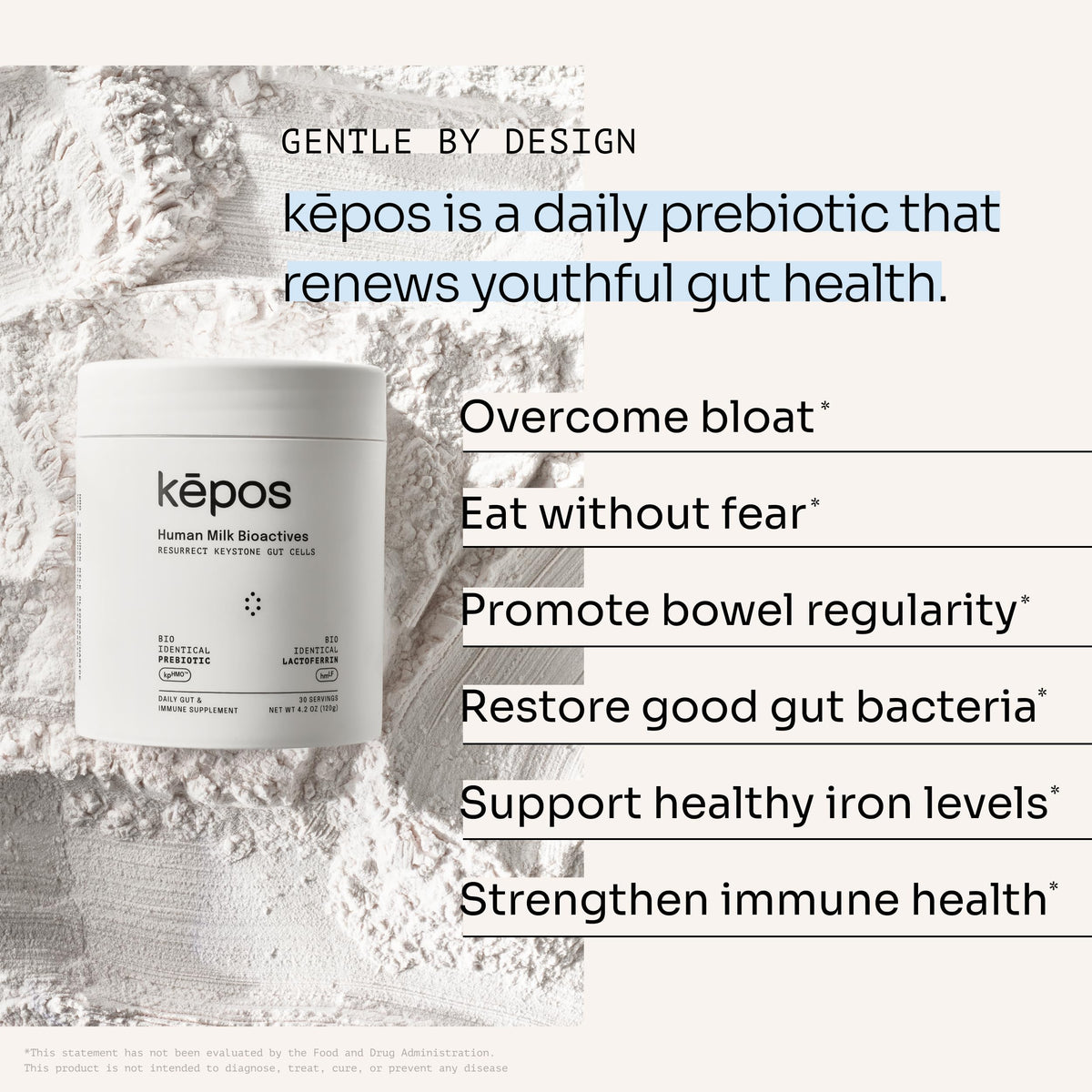 Détail de la poudre prébiotique bio-identique kēpos dans un verre