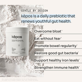 Détail de la poudre prébiotique bio-identique kēpos dans un verre