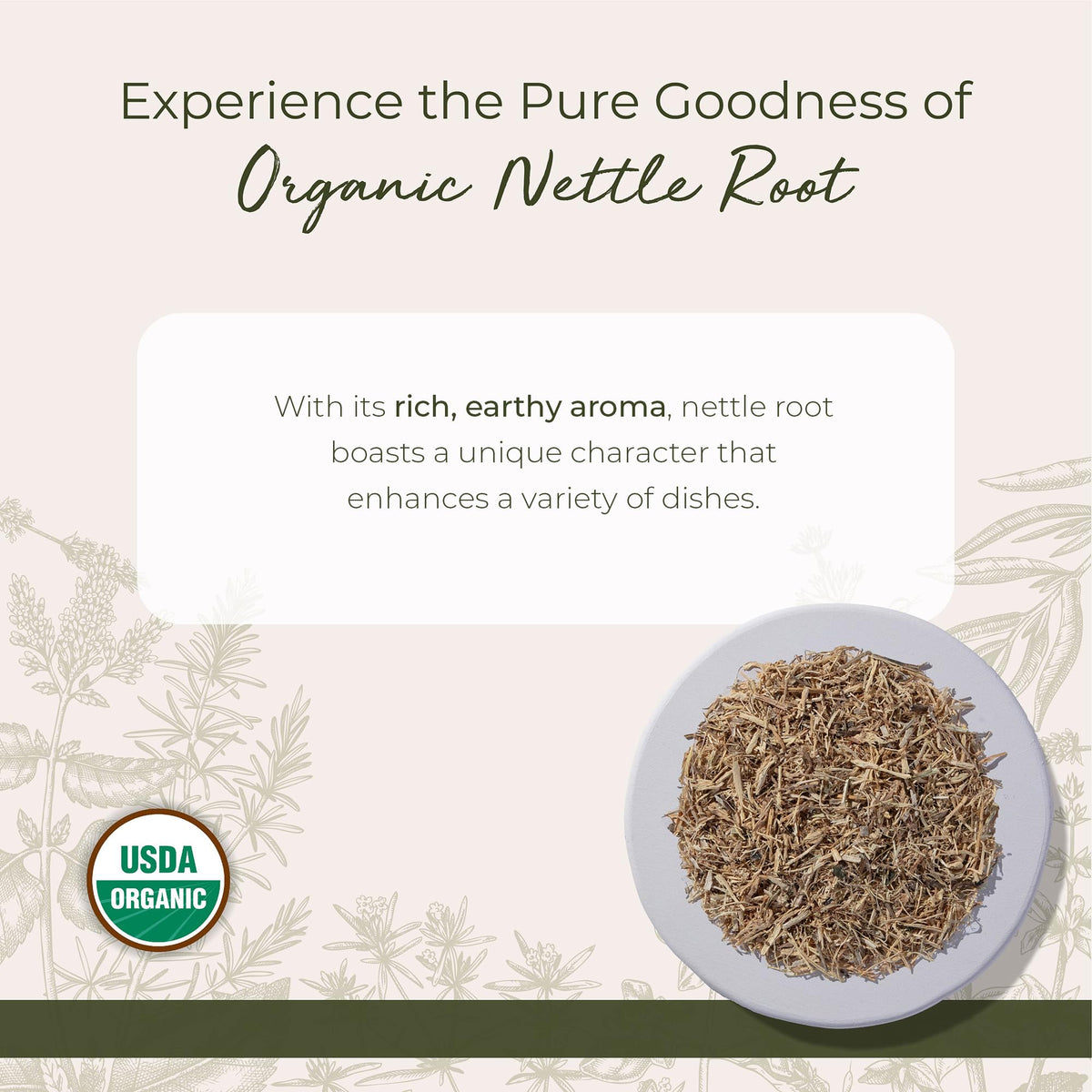 Détail de la racine d'ortie séchée dans le sac Starwest Botanicals