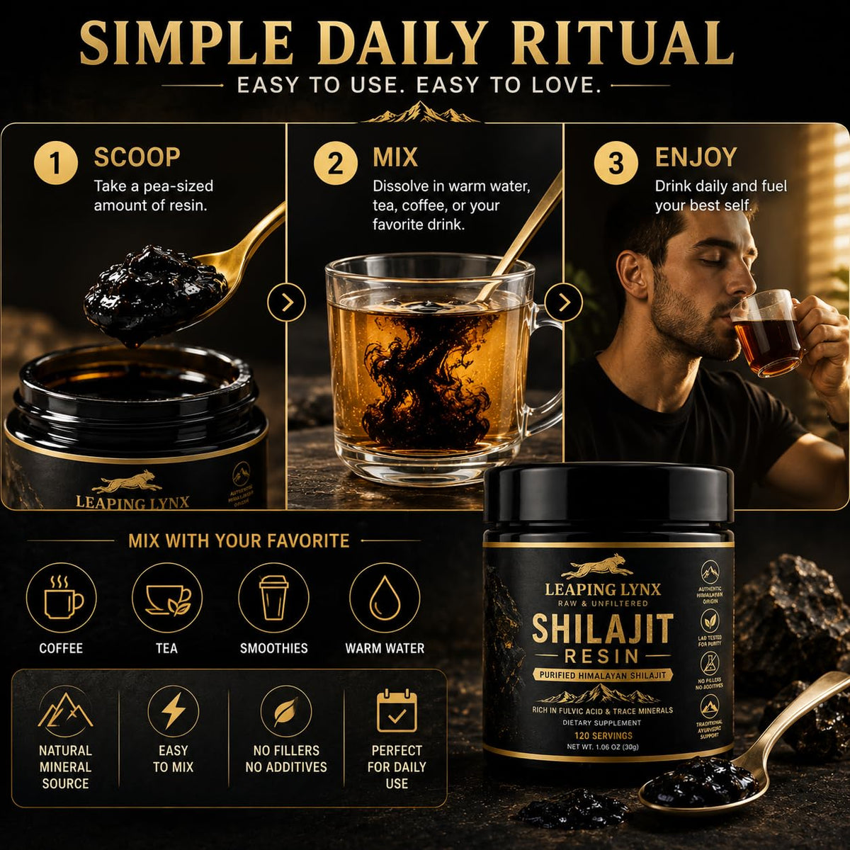 Détail de la résine de Shilajit Leaping Lynx