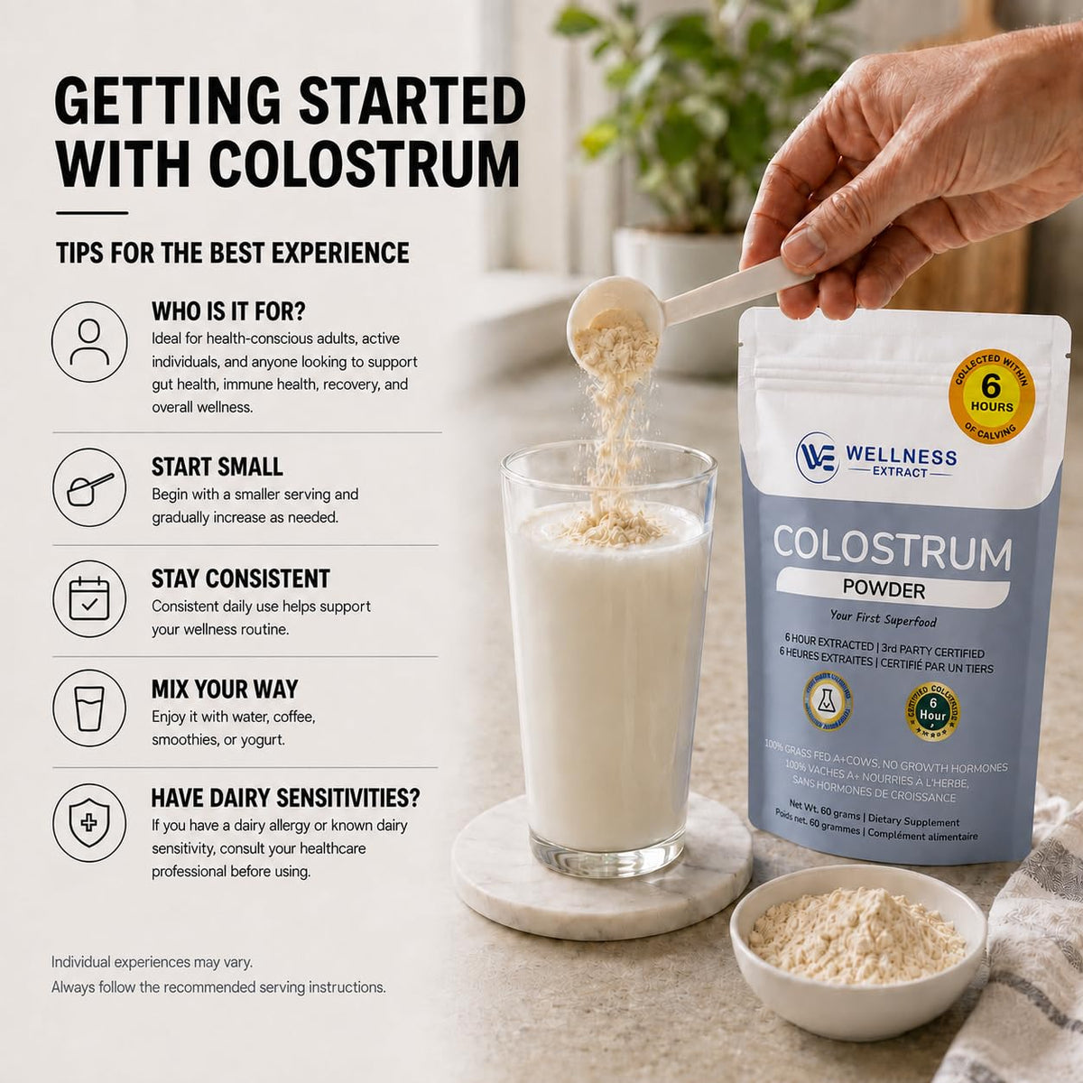 Détail de la texture de la poudre de colostrum bovin WELLNESS EXTRACT