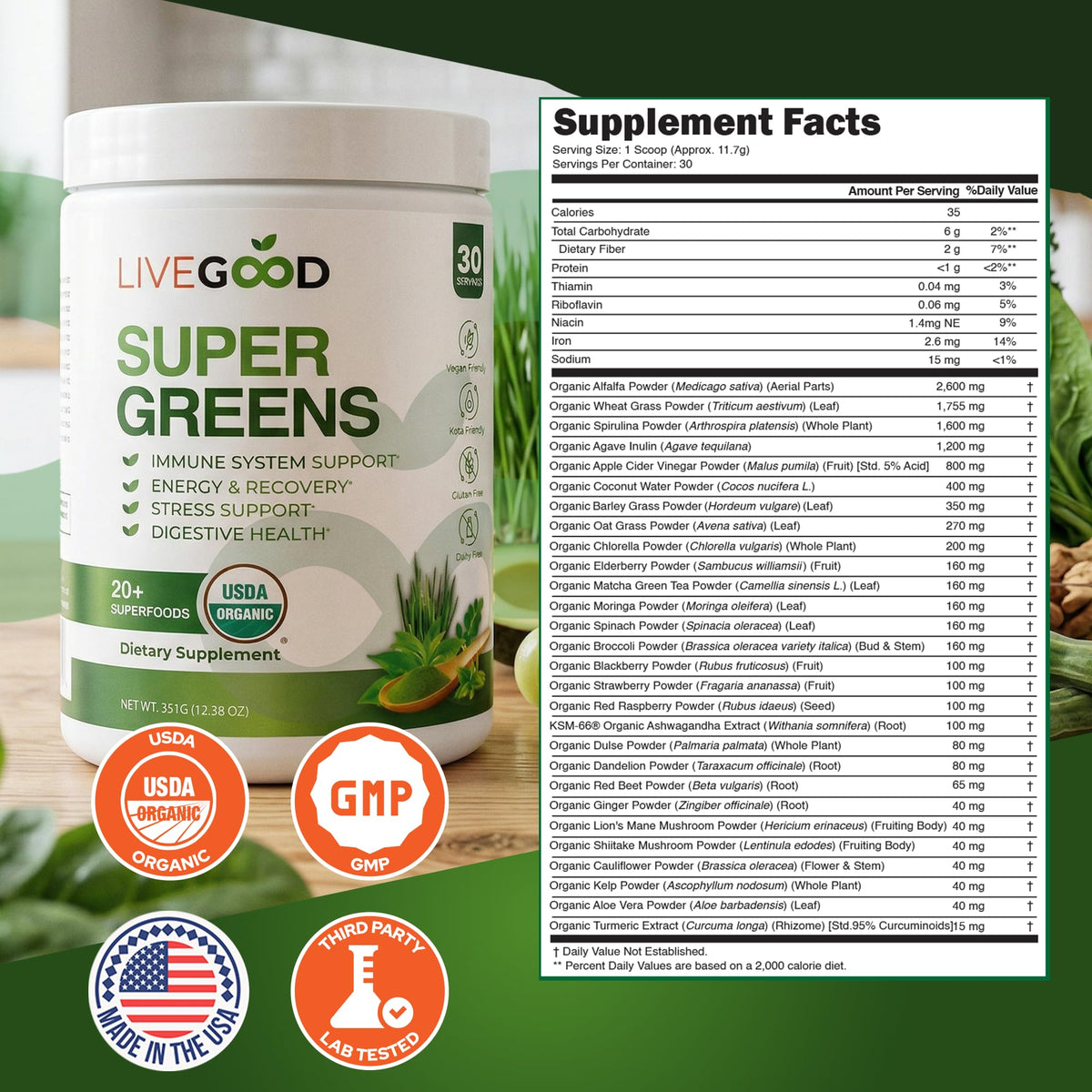 Détail de la texture de la Poudre de Super Greens Bio LIVEGOOD