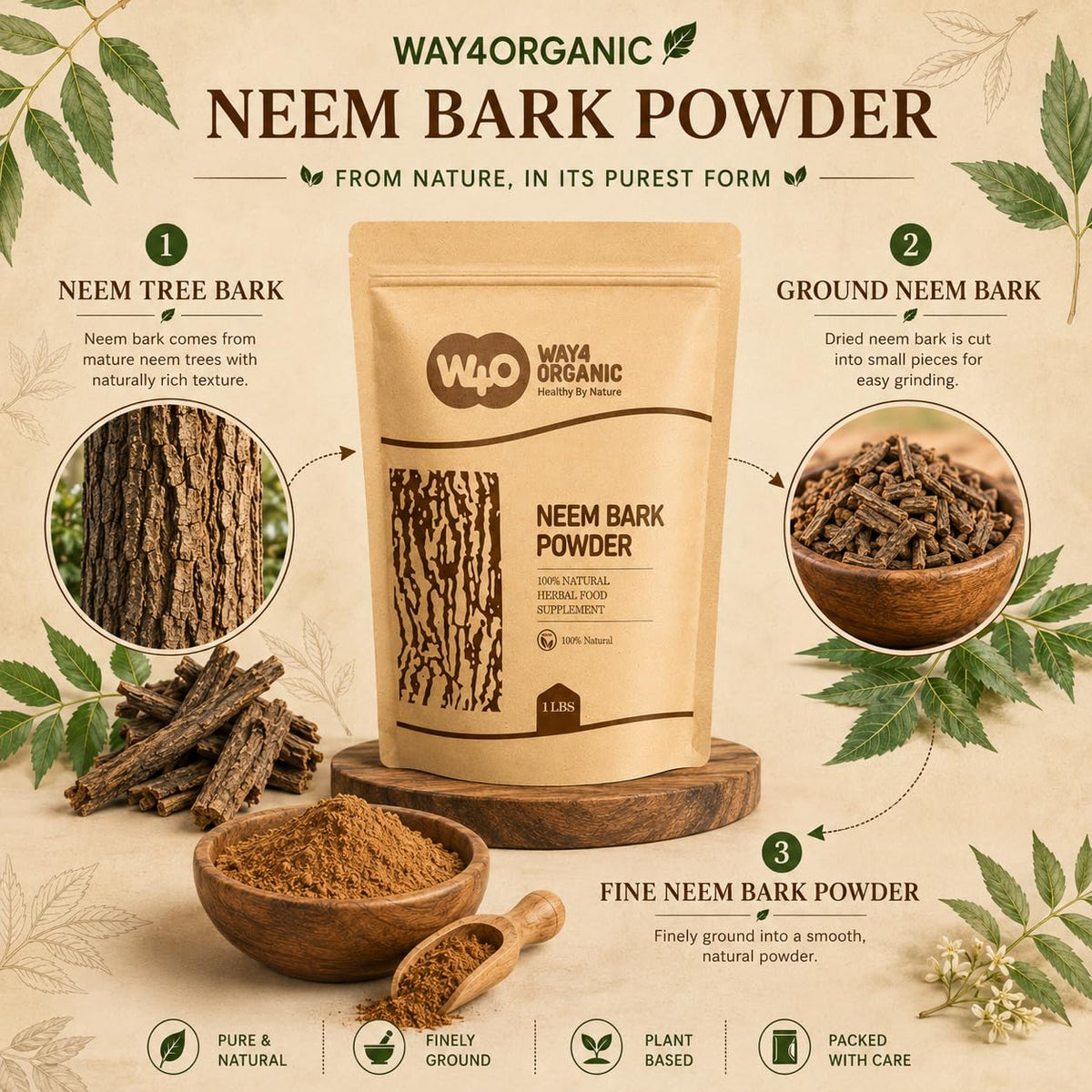 Détail de la texture fine de la poudre d'écorce de neem