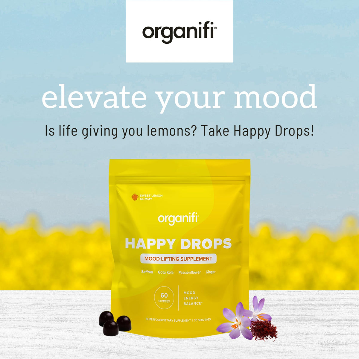 Détail des bonbons Organifi Happy Drops au safraan