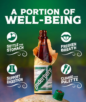 Détail des bouteilles de Underberg Bitters avec étiquette