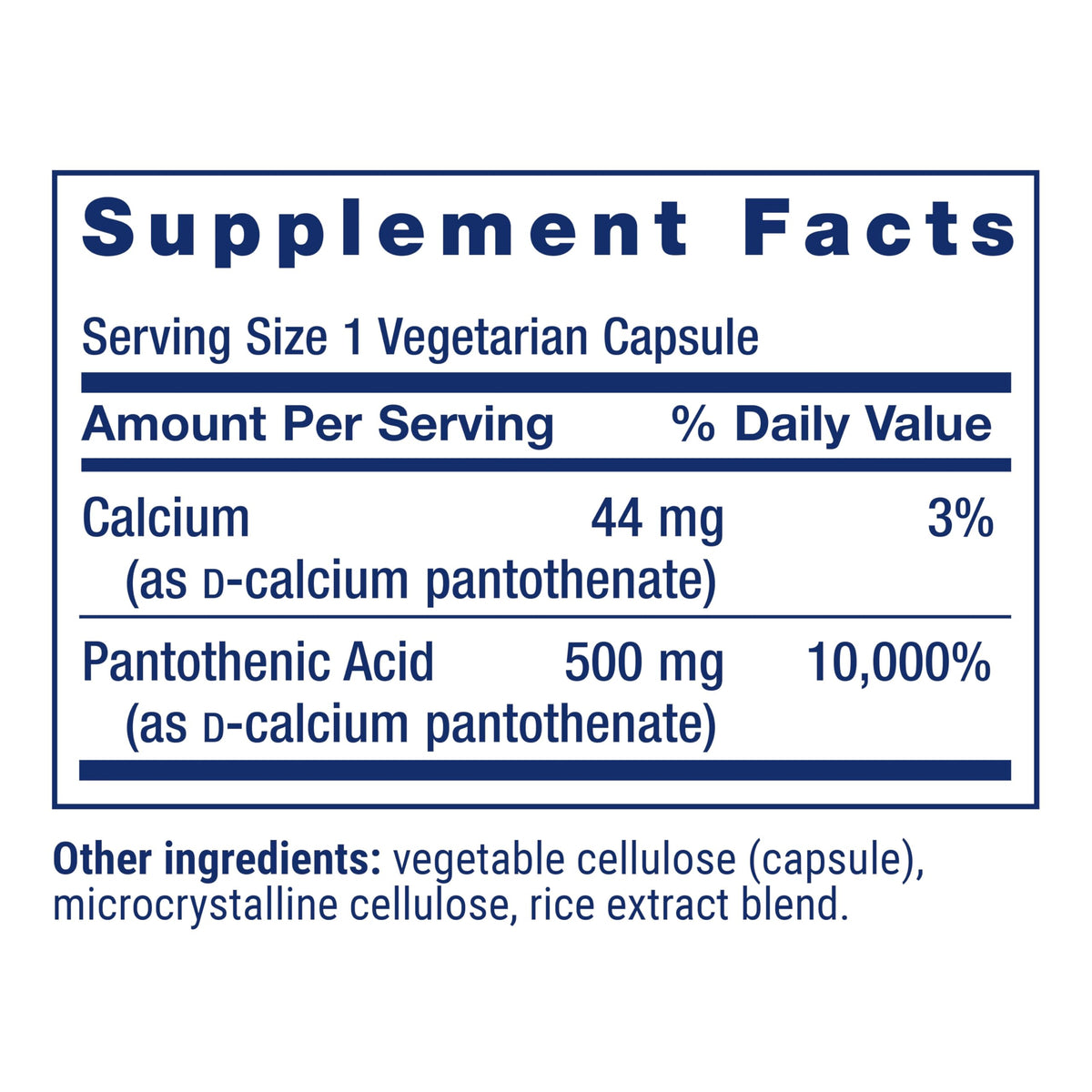 Détail des capsules d'acide pantothénique Life Extension 500 mg
