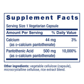 Détail des capsules d'acide pantothénique Life Extension 500 mg