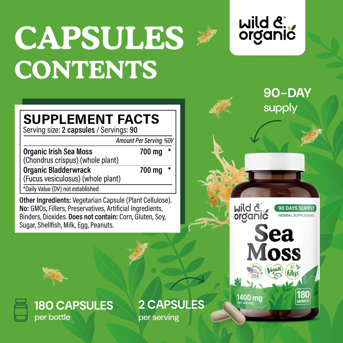 Détail des capsules d'algues maritimes Wild & Organic