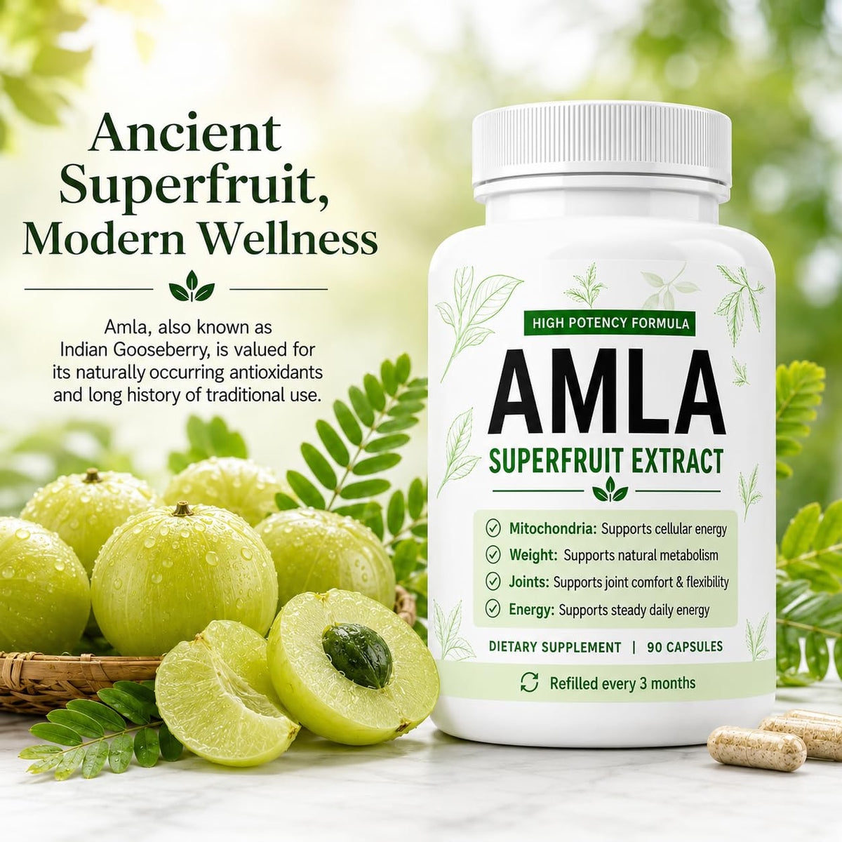 Détail des capsules d'Amla bio avec étiquette linnavarv