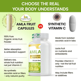 Détail des capsules d'Amla Organic Veda sur fond blanc
