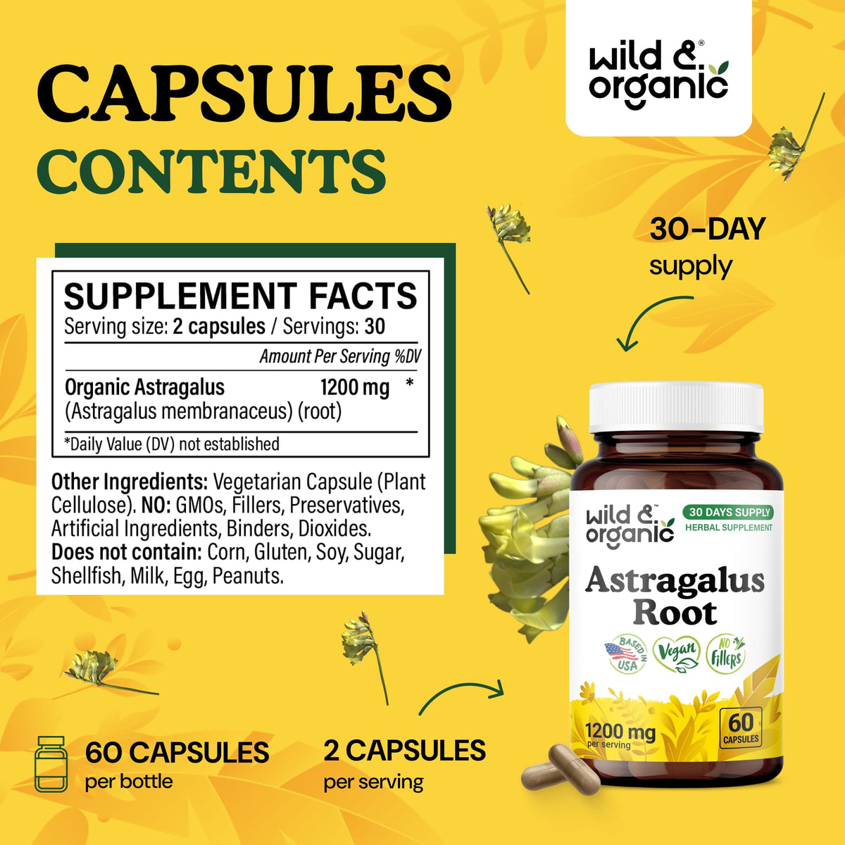 Détail des capsules d'Astragale Wild & Organic avec étiquette