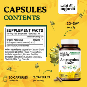 Détail des capsules d'Astragale Wild & Organic avec étiquette