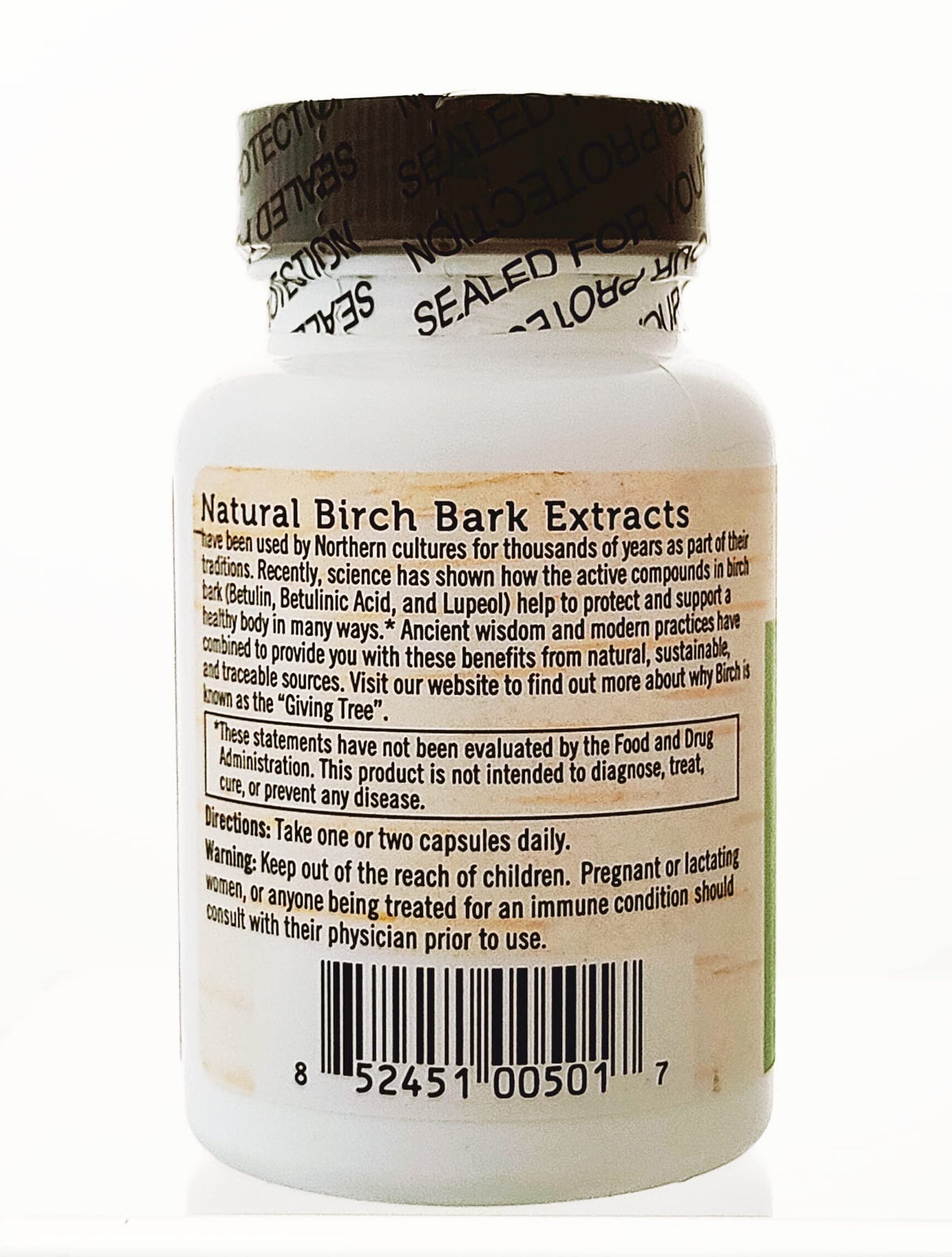Détail des capsules d'extrait d'écorce de bouleau Betula Botanicals