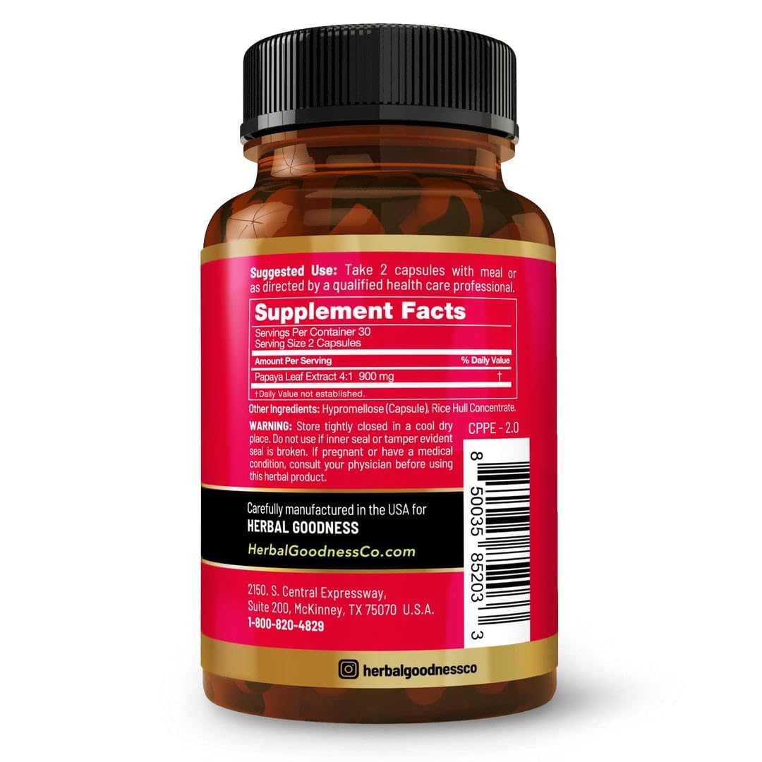 Détail des capsules d'extrait de feuille de papaye Herbal Goodness