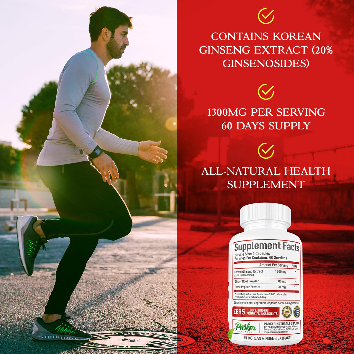 Détail des capsules d'extrait de ginseng rouge coréen Parker Naturals