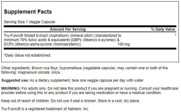 Détail des capsules d'extrait de Shilajit Swanson