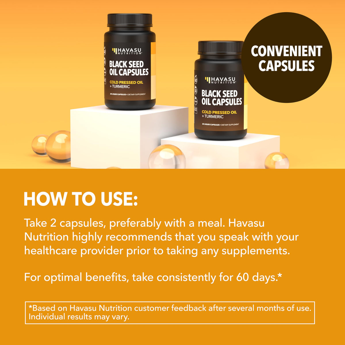 Détail des capsules d'huile de graines noires et curcuma HAVASU NUTRITION