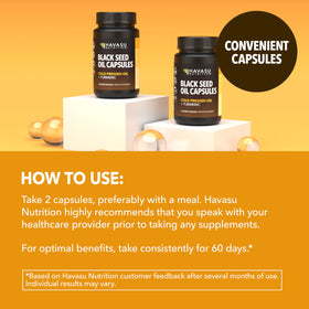 Détail des capsules d'huile de graines noires et curcuma HAVASU NUTRITION
