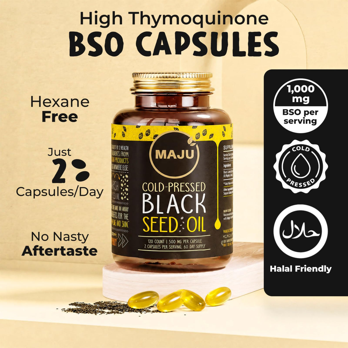 Détail des capsules d'huile de graines noires Maju Superfoods