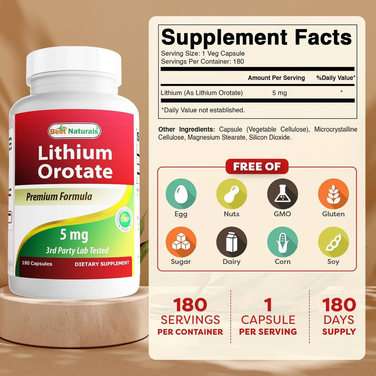 Détail des capsules de Best Naturals Orotate de Lithium 5 mg