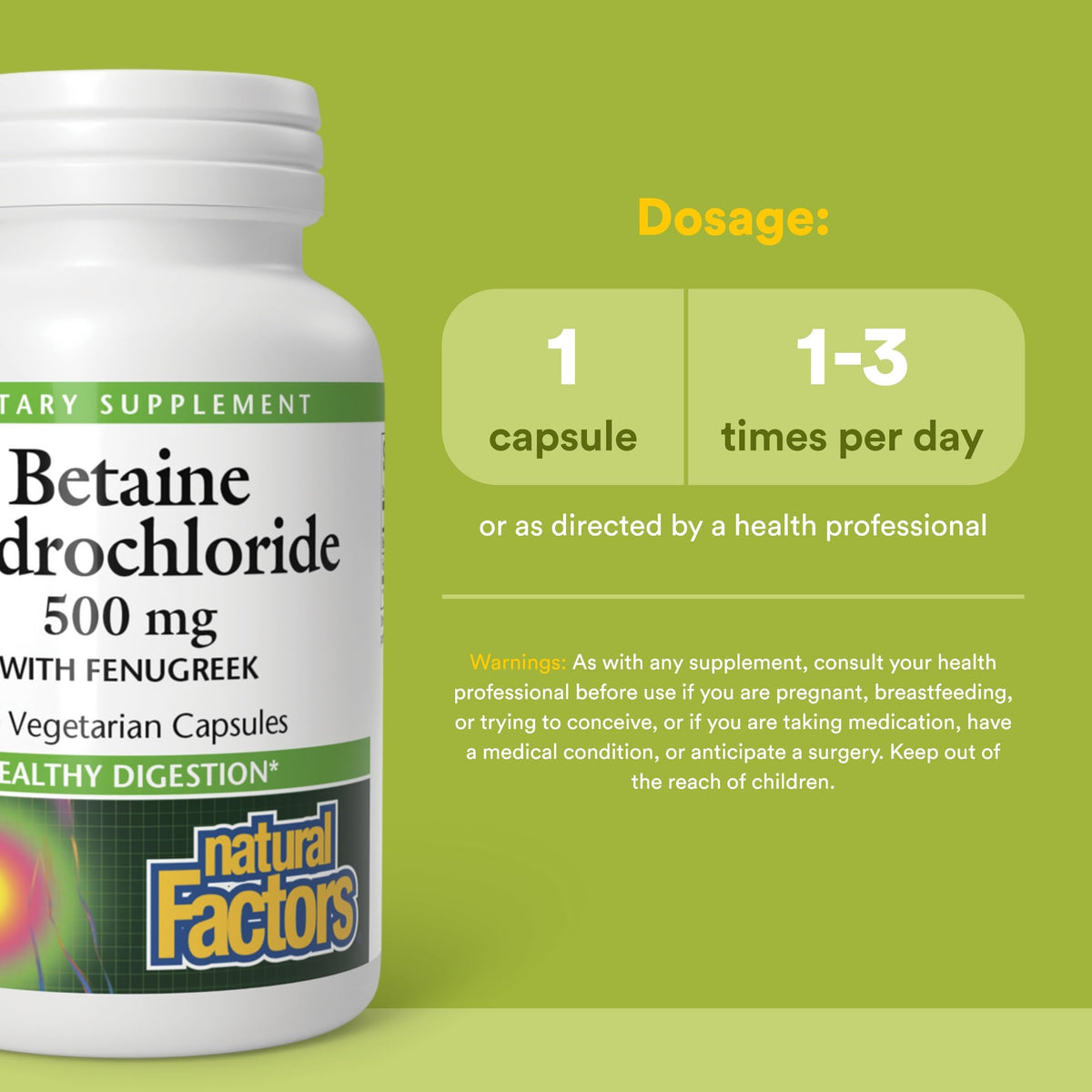 Détail des capsules de Betaïne HCL 500 mg Natural Factors