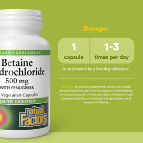 Détail des capsules de Betaïne HCL 500 mg Natural Factors
